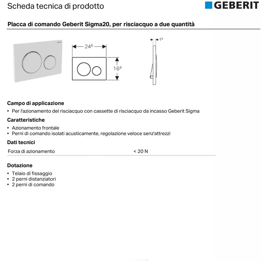 Geberit Sigma20 placca di comando doppio tasto bianco e cromo per incassi Sigma 8