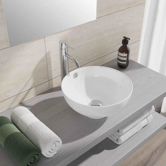 Lavabo a bacinella da appoggio rotondo 40 cm in ceramica bianco lucido