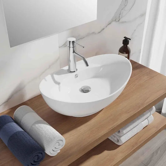 Lavabo d'appoggio 59x39 bianco bacino ovale in ceramica