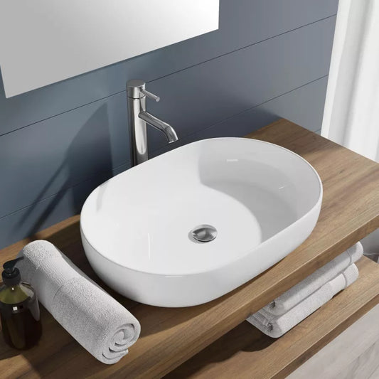 Lavabo d'appoggio ovale in ceramica 60x42 cm bianco lucido