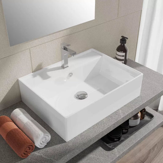 Lavabo squadrato 58 x 45 cm in ceramica design moderno monoforo