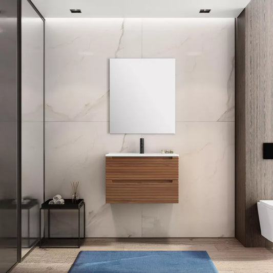 Mobile bagno sospeso cannettato 70 cm noce con specchio