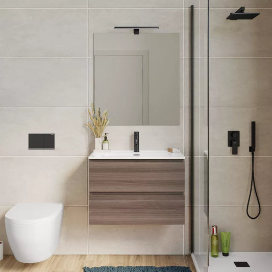 Mobile bagno sospeso 70 cm salvaspazio profondo con cassetti rovere chiaro