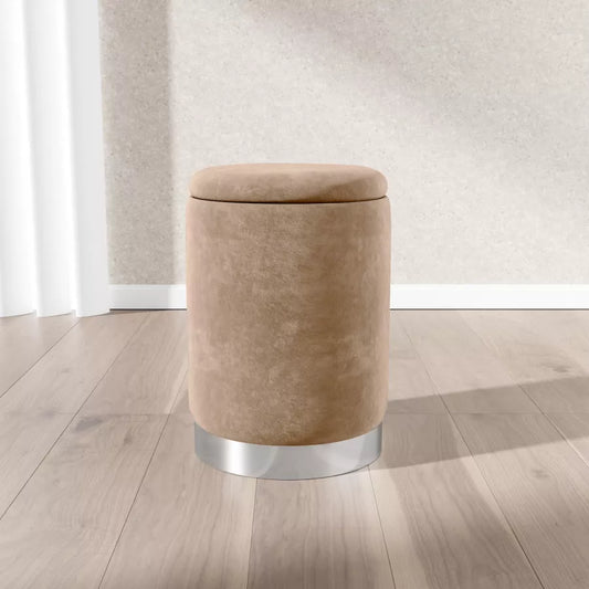 Pouf contenitore in velluto beige base argento