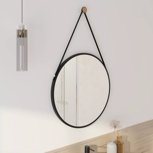 Specchio da bagno tondo Ø 60 cm con cornice e cinghia nera