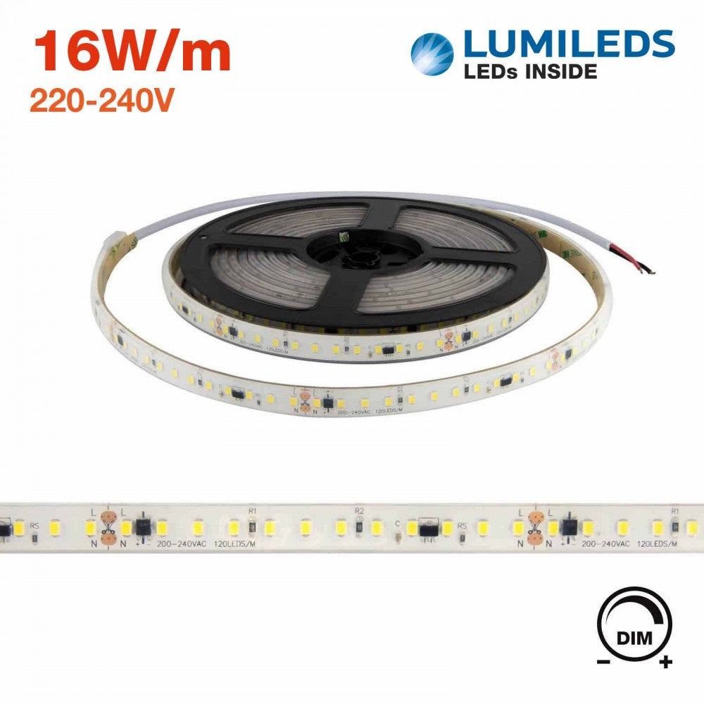 Strisce LED 220V 16W/m, 120lm/W, chip  Lumileds, Dimmerabile, tagl. 10cm – 5m