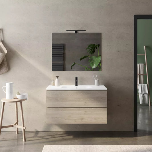 Mobile bagno sospeso 100cm rovere cambridge effetto legno con lavabo opaco integrato e specchio