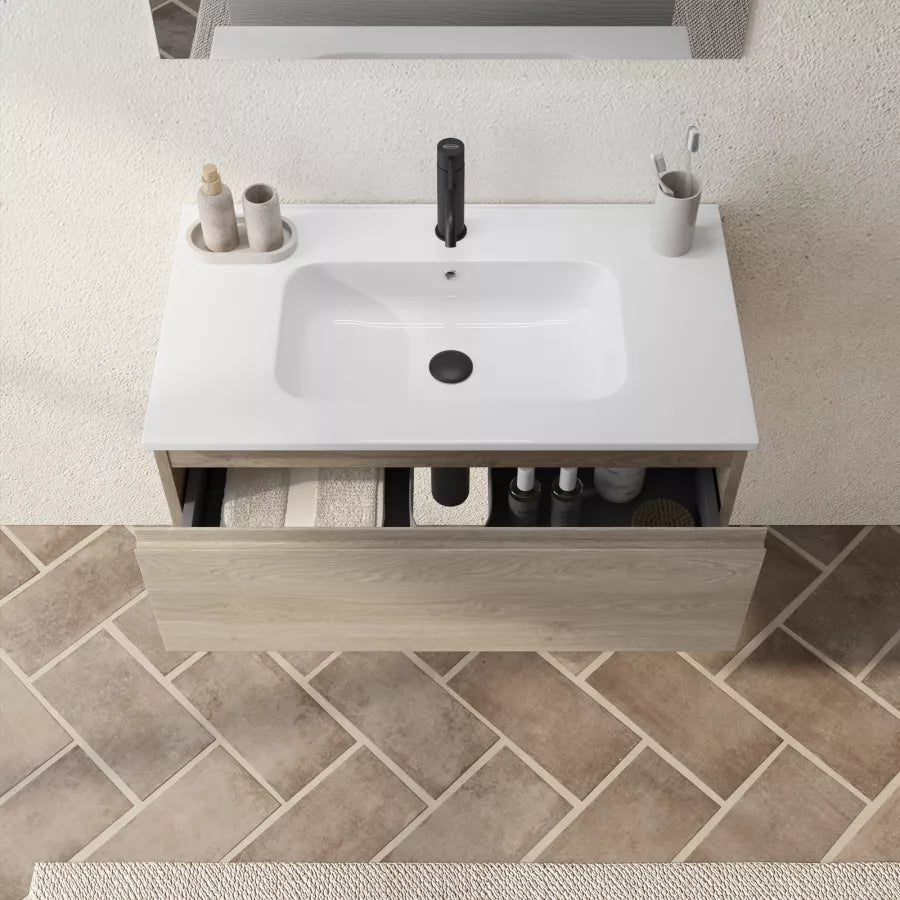 Mobile bagno completo di lavabo e specchio con pensile cm 85 Rovere Bianco  Beach2