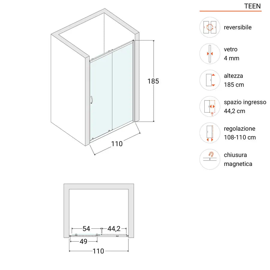 Porta doccia scorrevole per nicchia 110 cm in vetro temperato traspare –  mks store