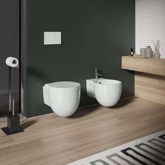 Sanitari sospesi in ceramica lucida bom con sedile copri wc softclose salvaspazio