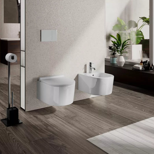 Sanitari sospesi rimless wc e bidet ceramica lucida Fleur con copriwc soft-close